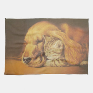 Snygg Fantastisk Katt och Hund Cuddling Art Skriv Kökshandduk