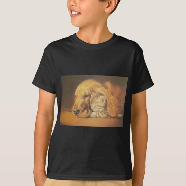 Snygg Fantastisk Katt och Hund Cuddling Art Skriv  T-shirt (Framsida)