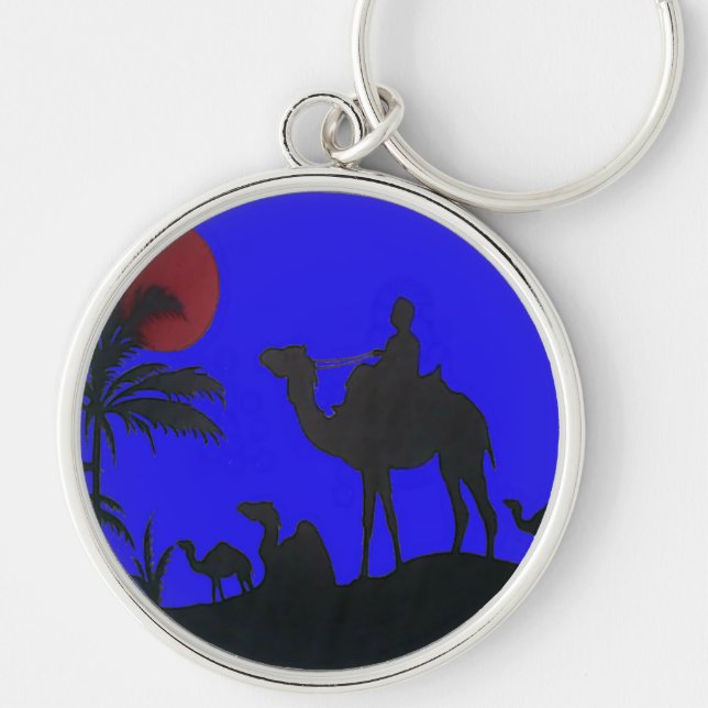 Snygg Fantastisk Sunset Camel Safari Art Print Rund Silverfärgad Nyckelring (Framsidan)