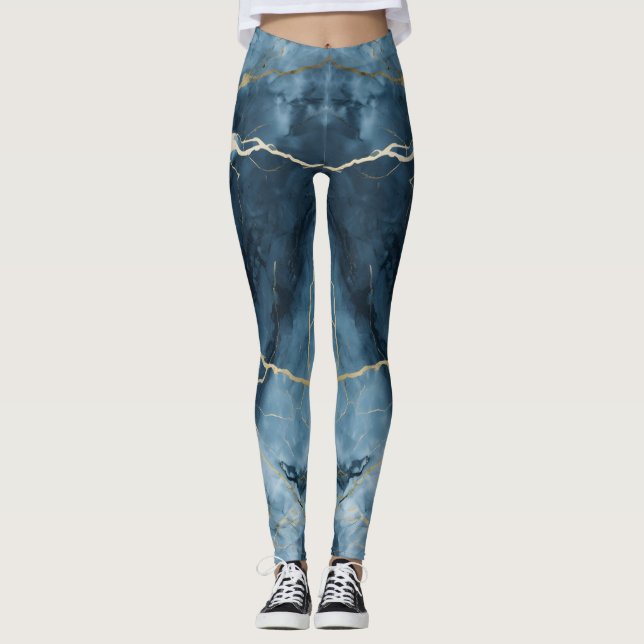 Snygg Färgad Skriv ut blå marmor Leggings (Framsida)