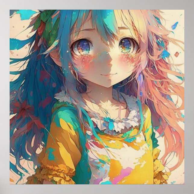Snygg färgstark Anime Girl Poster (Framsidan)