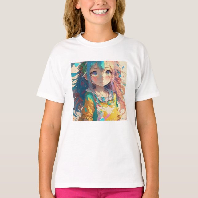 Snygg färgstark Anime Girl T Shirt (Framsida)