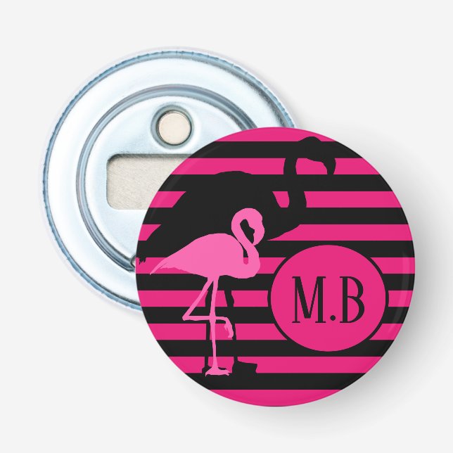 Snygg Flamingo Svarta och Rosa Ränder Monogram Flasköppnare (Framsidan)
