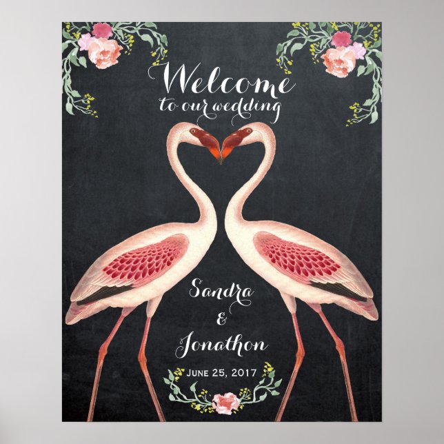 snygg flamingo välkomstskylt för bröllop kritskrif poster (Framsidan)