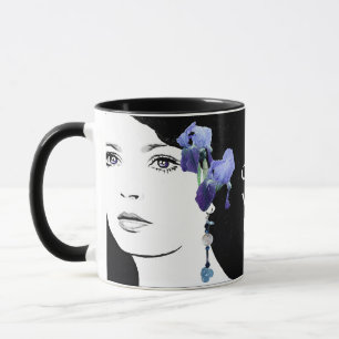 Snygg flicka ansikte blå iris blommigt mode glam mugg