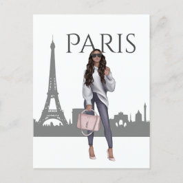 Snygg flicka i Paris med Eiffel Torn vykort