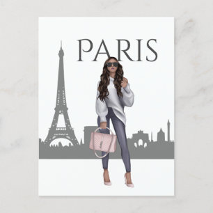 Snygg flicka i Paris med Eiffel Torn vykort