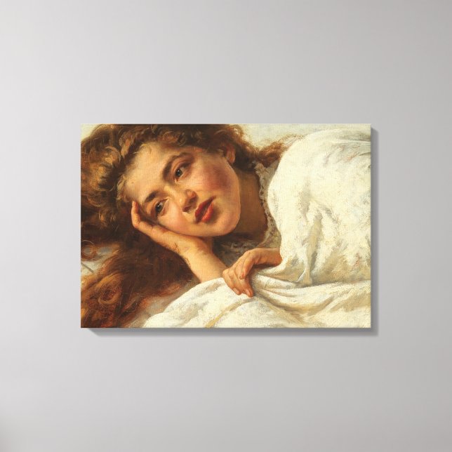 Snygg flicka Ljuger i Bed med Red Hair Canvastryck (Framsida)