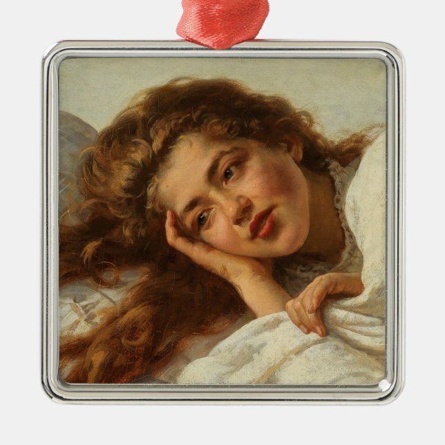 Snygg flicka Ljuger i Bed med Red Hair Julgransprydnad Metall (Framsidan)