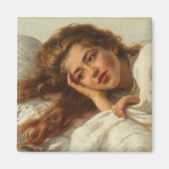 Snygg flicka Ljuger i Bed med Red Hair Magnet (Framsidan)