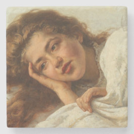 Snygg flicka Ljuger i Bed med Red Hair Stenunderlägg