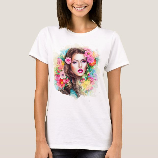 Snygg flicka med Rosa ros Flowers White T Shirt (Framsida)