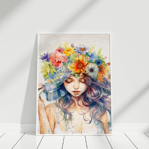 Snygg flicka Porträtt med blommor i hennes huvud Poster