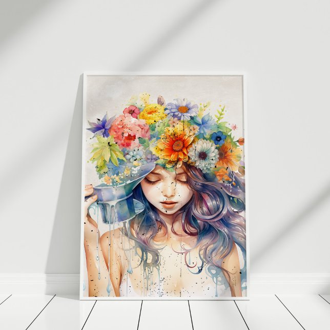 Snygg flicka Porträtt med blommor i hennes huvud Poster (Beautiful Girl Portrait with Flowers in Her Head Poster in white frame against white wall.)