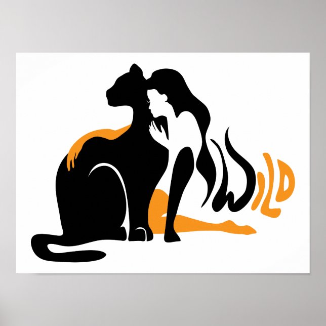 Snygg flicka, stor svart kattpanter-illustration poster (Framsidan)