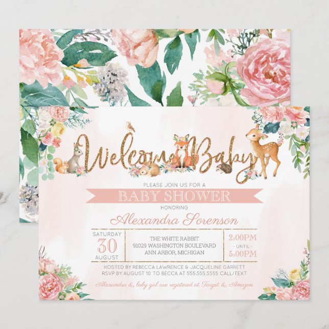 Snygg Forest Woodland Animals Baby Shower Inbjudningar (Fram/baksida)