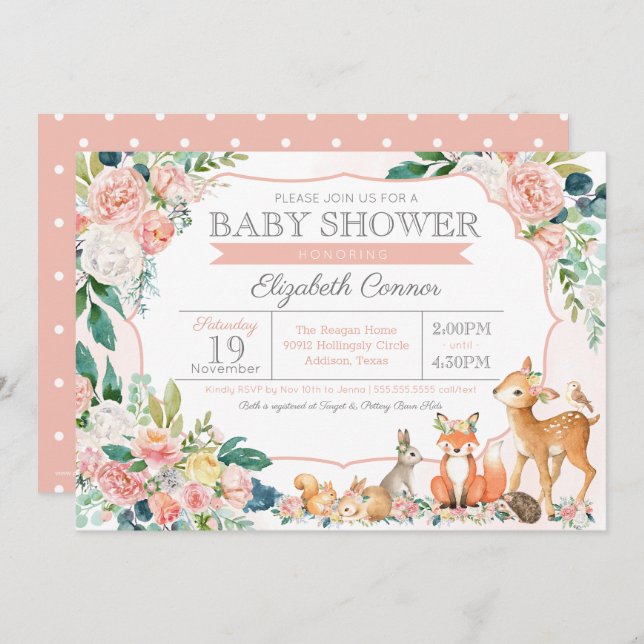 Snygg Forest Woodland Animals Baby Shower Inbjudningar (Fram/baksida)