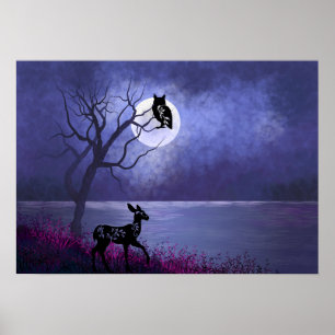 Snygg full Moon över Vatten med Uggla och Hjort Poster