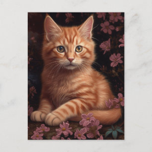 Snygg Ginger Kitten med Rosa Flowers Vykort