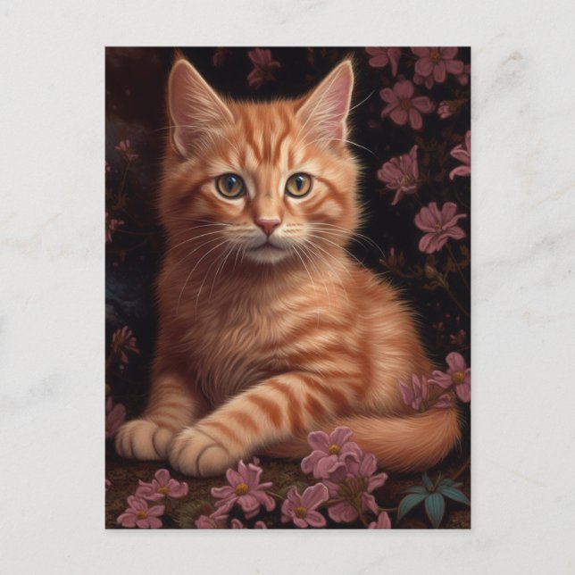 Snygg Ginger Kitten med Rosa Flowers Vykort (Framsida)