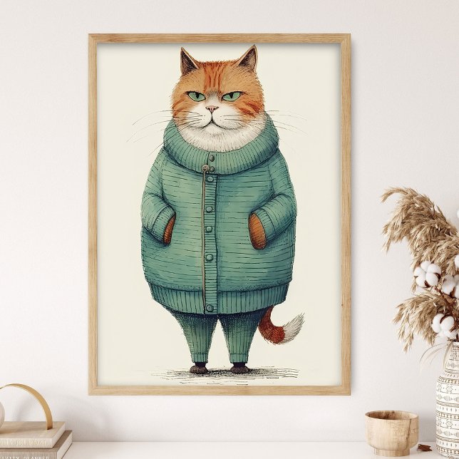 Snygg Gingerkatt i grön tröja, rolig kattdekor Poster (Skapare uppladdad)