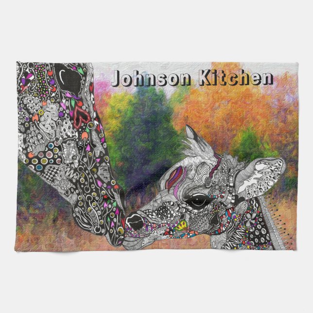 Snygg Giraffe och hennes Calf Kitchen Towel Kökshandduk (Horisontell)