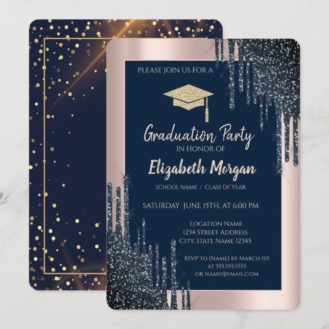 Snygg glitter examensmössa, roséguld dropp, marinb inbjudningar (Fram/baksida)
