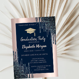 Snygg glitter examensmössa, roséguld dropp, marinb inbjudningar