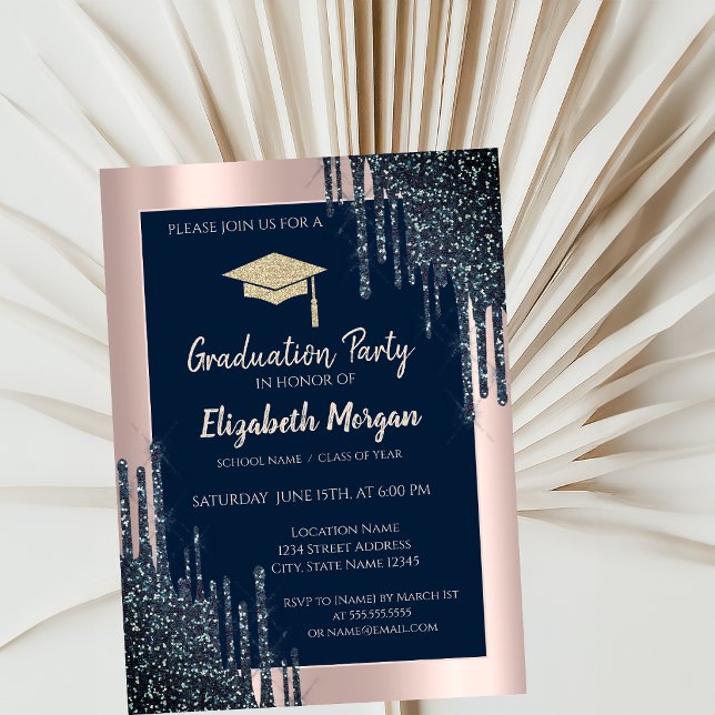 Snygg glitter examensmössa, roséguld dropp, marinb inbjudningar (Skapare uppladdad)