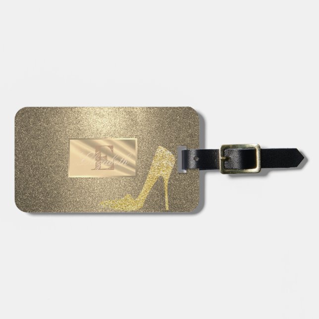 Snygg glitter, hög klack, monogram-personlig bagagebricka (Horisontell Framsida)