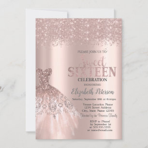 Snygg glitterdamm, klänning rosa guld Sweet 16 Inbjudningar