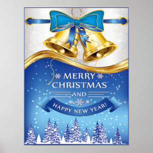 Snygg Golden-jul-Klockor med Blue Bow Poster