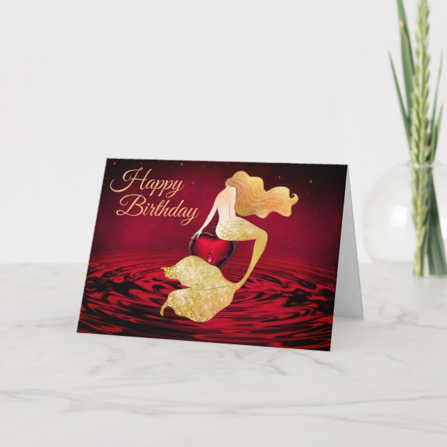 Snygg Golden-Sjöjungfru med Red Heart Birthday Kort (Framsida)