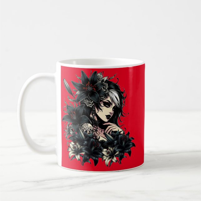 Snygg Goth Girl Black Lilly Flowers art Kaffemugg (Vänster)