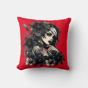 Snygg Goth Girl Black Lilly Flowers art Kudde