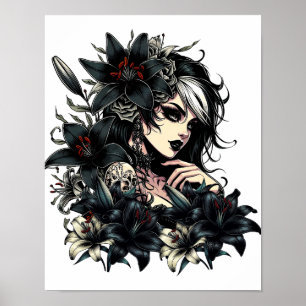 Snygg Goth Girl Black Lilly Flowers art Poster