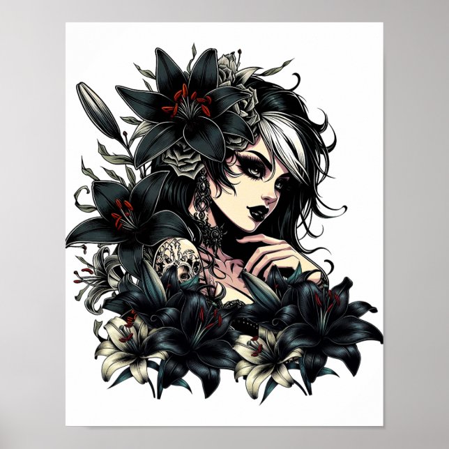 Snygg Goth Girl Black Lilly Flowers art Poster (Framsidan)