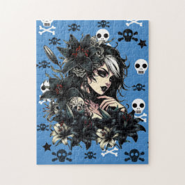 Snygg Goth Girl Black Lilly Flowers art Pussel