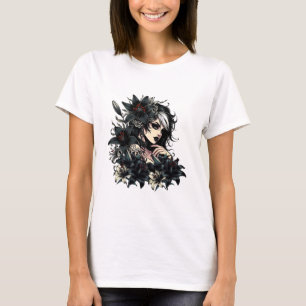 Snygg Goth Girl Black Lilly Flowers art T Shirt