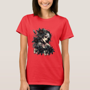 Snygg Goth Girl Black Lilly Flowers art T Shirt