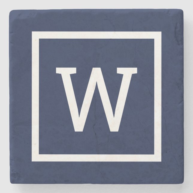 Snygg Grafisk Rand Monogram Enkel Marinblå Stenunderlägg (Framsidan)