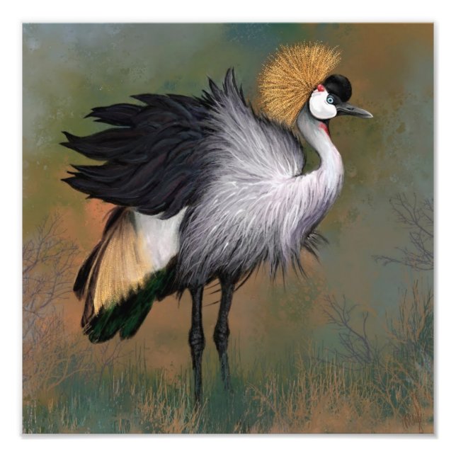 Snygg Grått Crowned Crane - Miged Painting Art Fototryck (Framsidan)