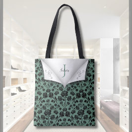 Snygg grön och svart totebag med monogramrosor tygkasse