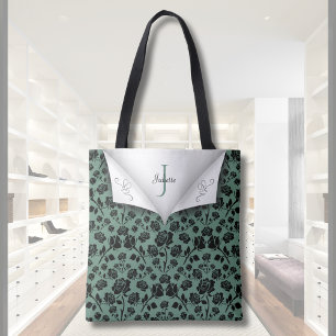 Snygg grön och svart totebag med monogramrosor tygkasse