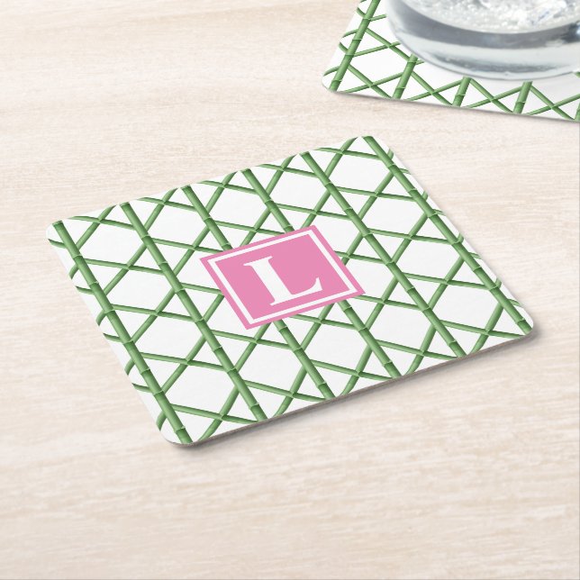 Snygg grön spaljé bambumönster monogram underlägg papper kvadrat (Vinklad)