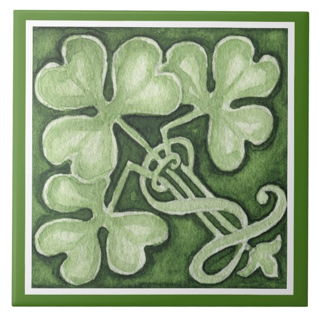 Snygg Grönt Shamrock Irish Celtic Klöver Kakelplatta (Framsidan)