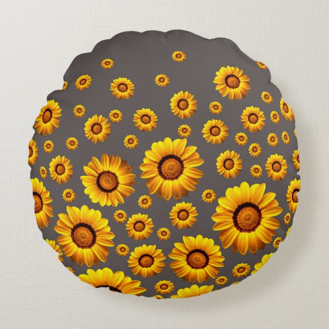 Snygg gula blommor på grått-bakgrund rund kudde (Framsidan)