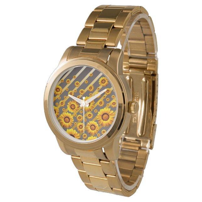 Snygg gula blommor på grått, guld rand armbandsur (Vinklad)