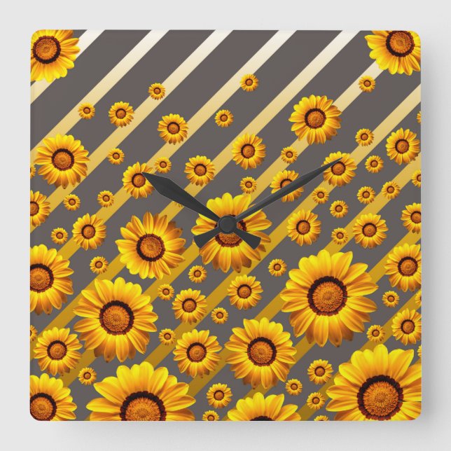 Snygg gula blommor på grått, guld rand fyrkantig klocka (Framsida)