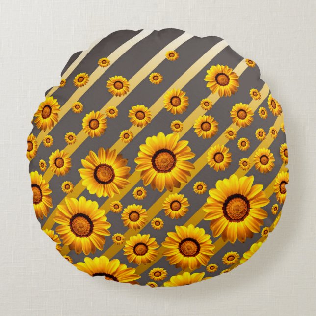 Snygg gula blommor på grått, guld rand rund kudde (Framsidan)